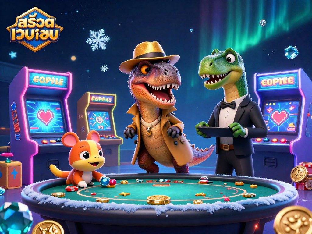 Engage in สล็อตเว็บตรง gaming as a velociraptor card counter at a vibrant casino scene with arcade elements.