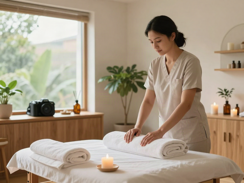 노원출장마사지 therapist preparing a calming massage environment with oils and candles.