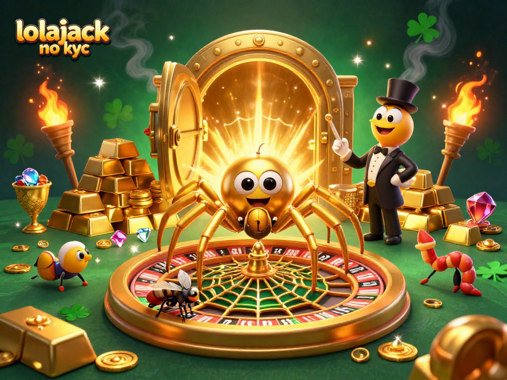 Place bets with lolajack no kyc in this vibrant casino-themed illustration packed with golden treasures.