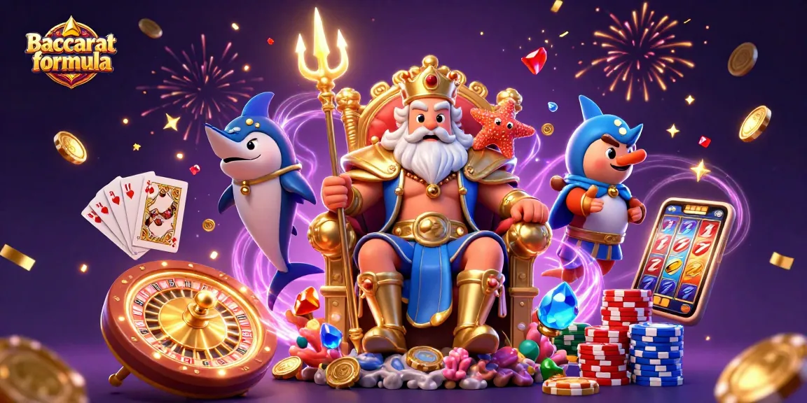 Baccarat formula showcases a vibrant casino scene with Neptune and samurai, highlighting top strategies and elements of play.