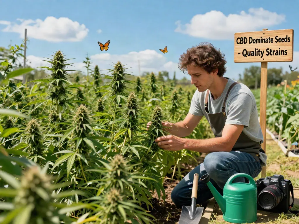 Gardener nurturing CBD dominant seeds in a lush garden setting.