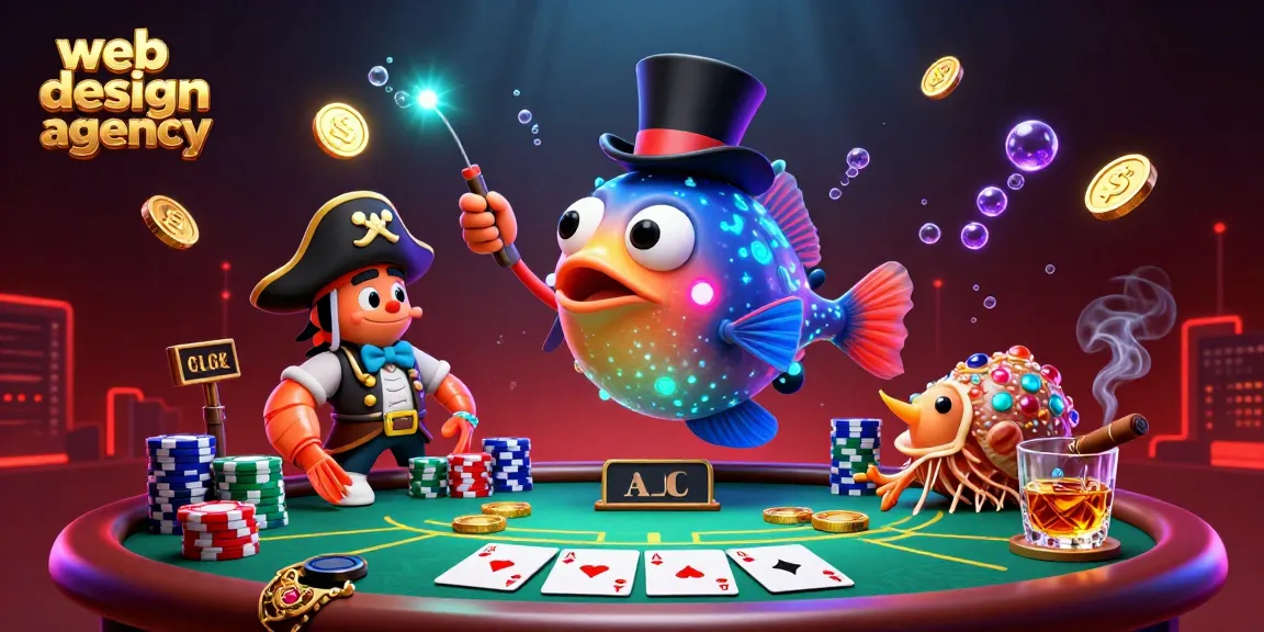 Engaging scene with a web design agency theme featuring a cartoon anglerfish and poker elements.