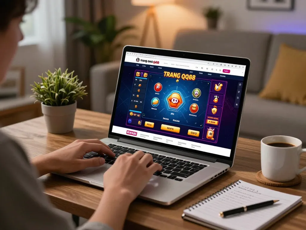 Player engaging with trang chủ qq88 casino interface on a laptop during cozy home gaming.