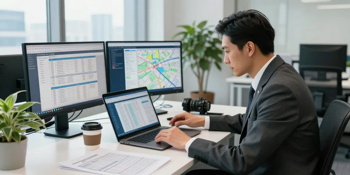 Investigator analyzing asset tracing data in a modern office setup.