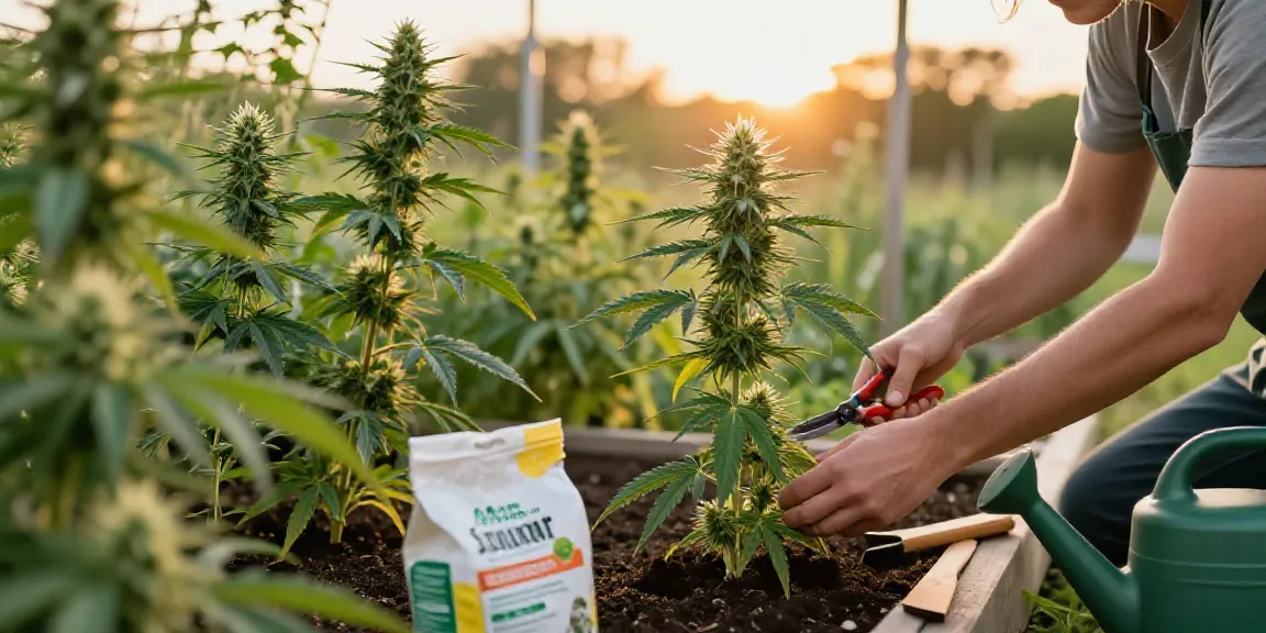 Autoflower Samen kaufen - Healthy autoflowering cannabis garden during sunset with gardener tending plants.