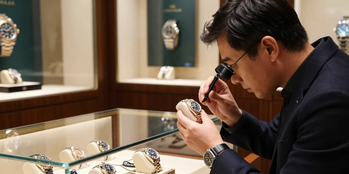 Close-up of a rolex replica being examined in a luxury boutique, showcasing exquisite craftsmanship and quality.