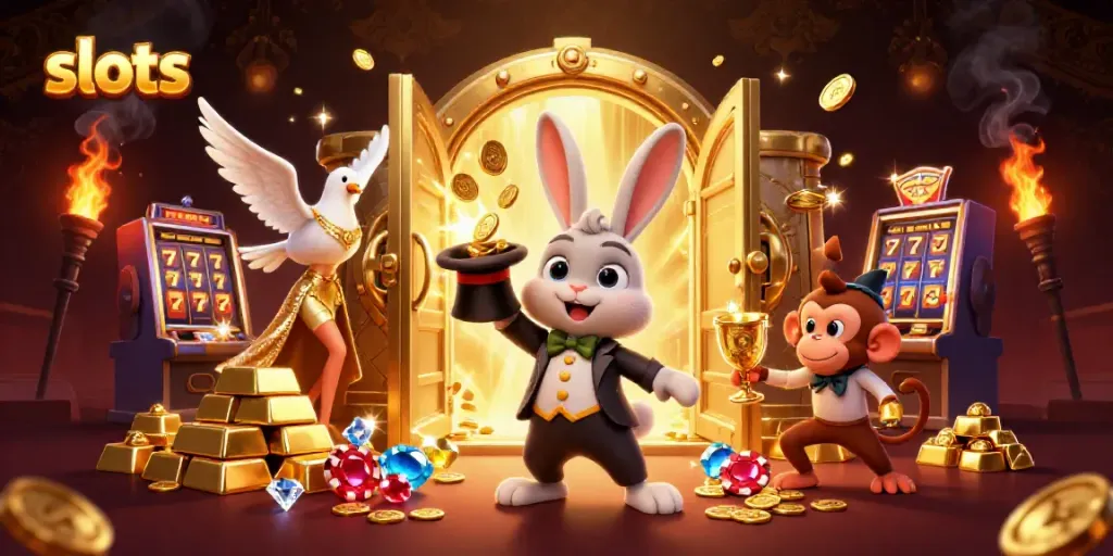 Slot machines with thrilling lucky 7s and golden coins in a vibrant casino scene.
