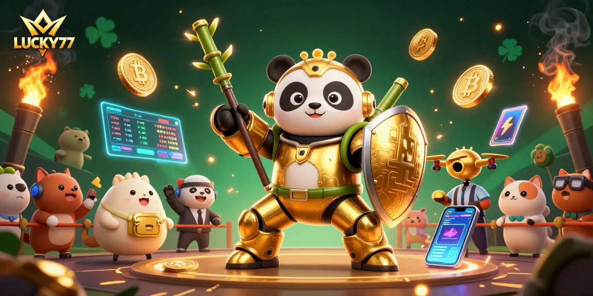 Engage with LUCKY77's thrilling scene featuring a golden panda in a mech-suit amidst vibrant casino elements.
