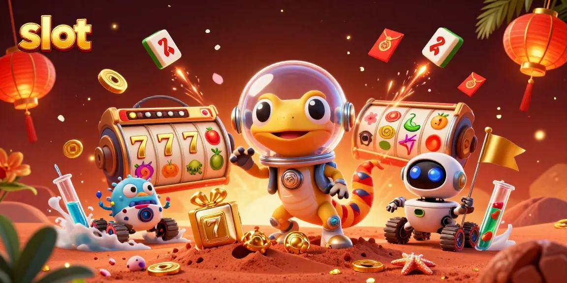 Slot dengan gecko Mars dan robot menemukan kasino emas di pasir merah, penuh detail menarik.