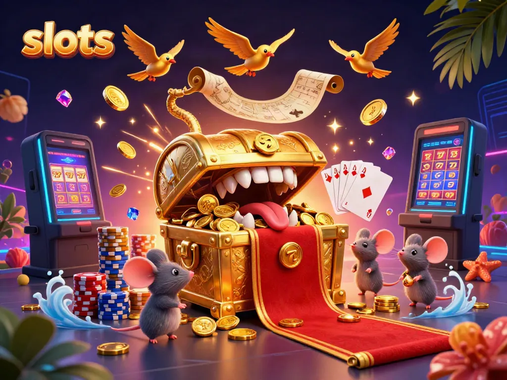 Engage with slots and spin the reels of fortune amidst golden treasures and vibrant casino elements.
