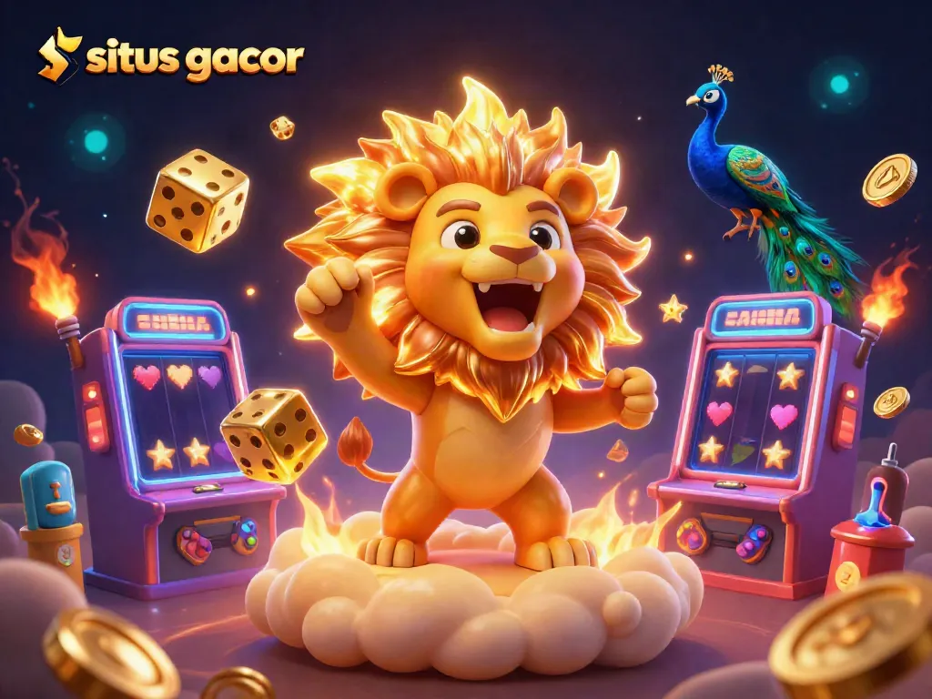 Engage in thrilling gameplay at situs gacor with vibrant 3D casino art featuring a roaring sun lion and golden dice.