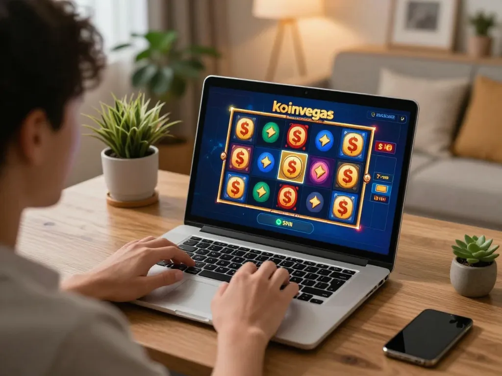 Exciting moment of playing koinvegas slot on a laptop in a cozy home setting.