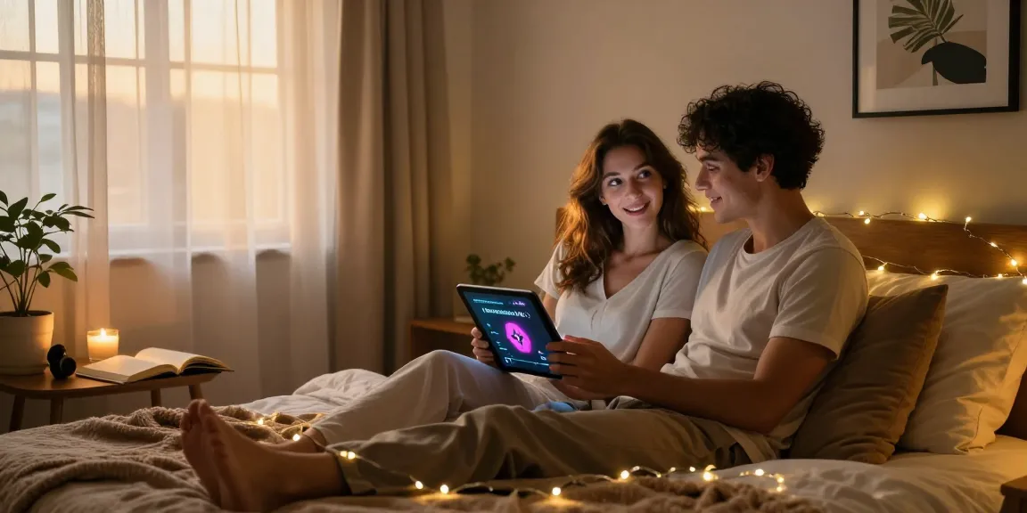 Couple enjoying a cozy conversation using sex AI chat on tablet in warmly lit bedroom.