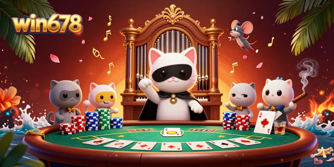 Experience thrilling moments at win678 with a vibrant casino scene featuring 3D characters and poker elements.
