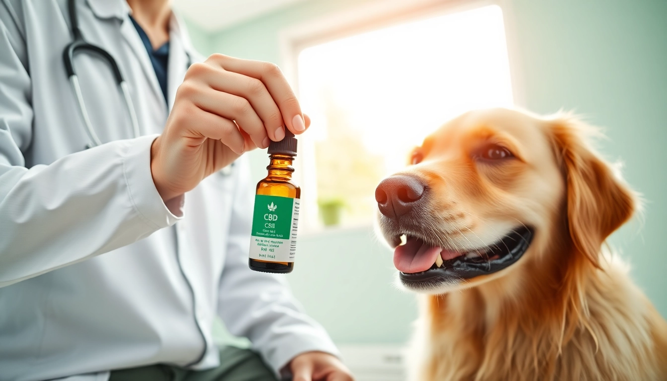 Vet providing CBD For Pet treatment to a calm golden retriever in a bright clinic.