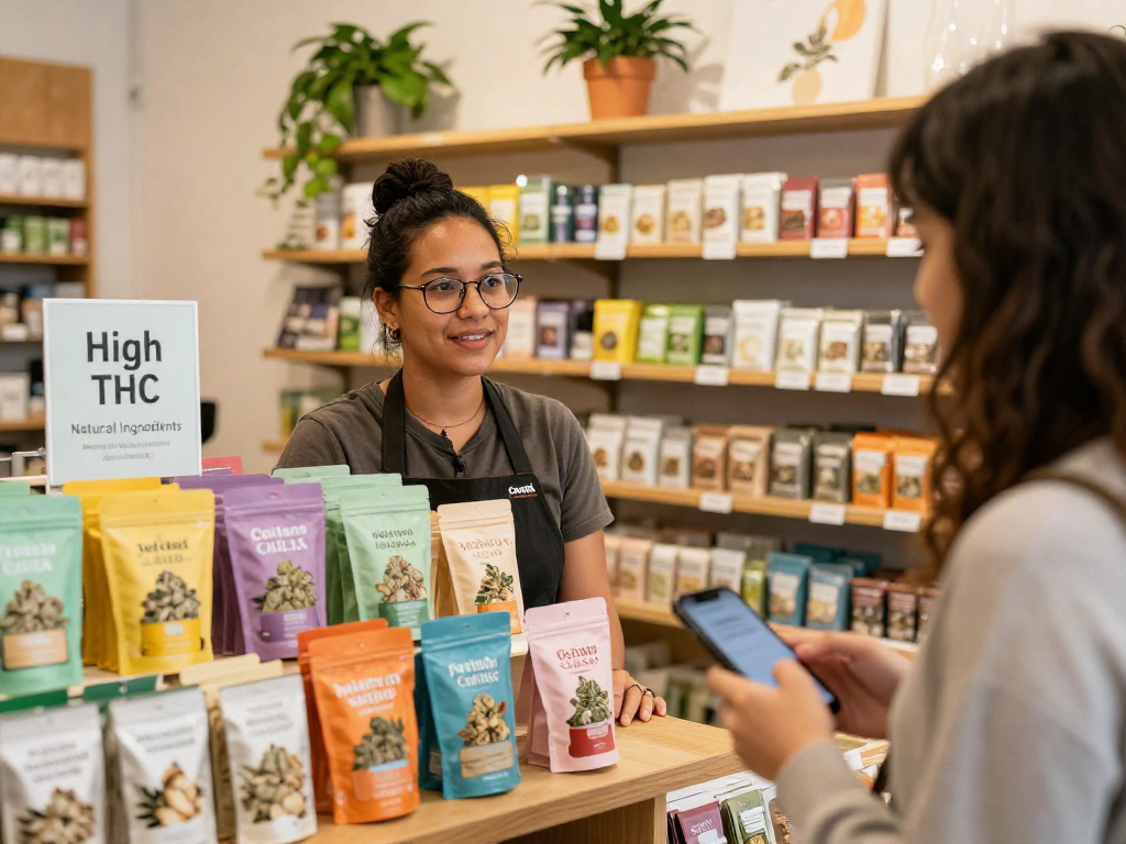 Cakes cart selection featured in a vibrant dispensary with knowledgeable staff and colorful packaging.