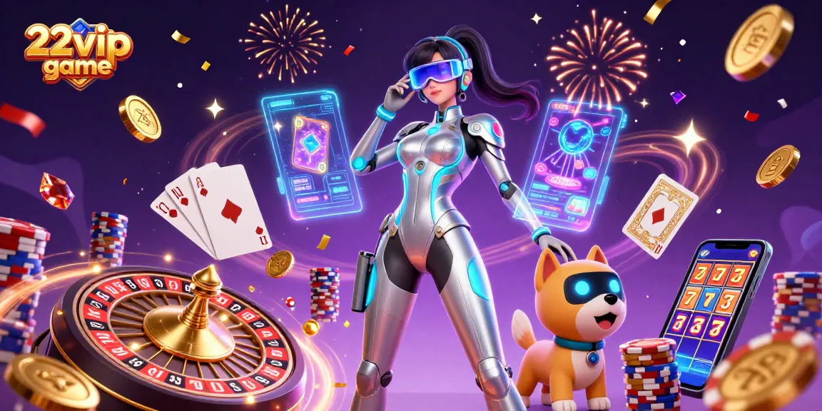 Engage with 22vip game featuring a futuristic character in a dynamic casino scene with exciting game elements.
