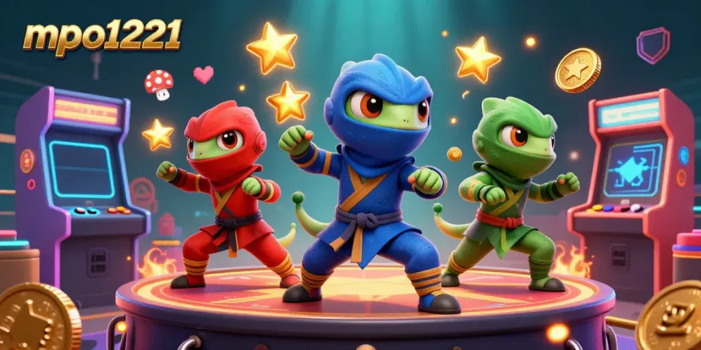 Engage with mpo1221's vibrant casino atmosphere featuring playful ninja chameleons and arcade elements.