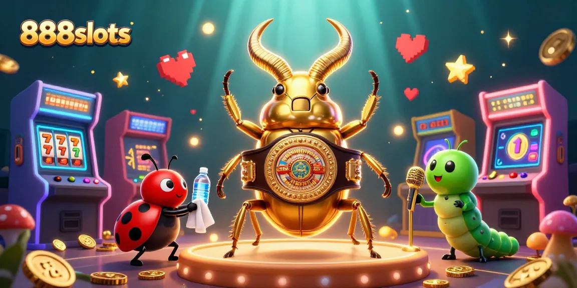 Experience thrilling gameplay with 888slots as a giant golden stag beetle battles redemption under vibrant casino lights.