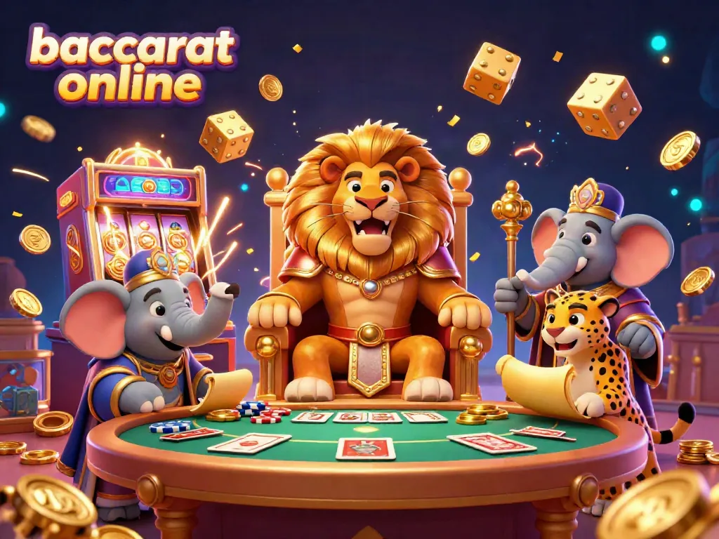 Baccarat online scene with a lion king and elephant advisor amidst vibrant casino elements.
