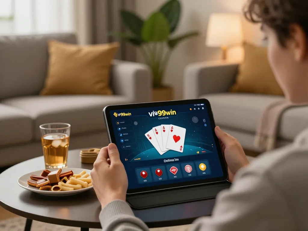Engaged player using the vip99win app for online gambling on a tablet in a cozy home setting.