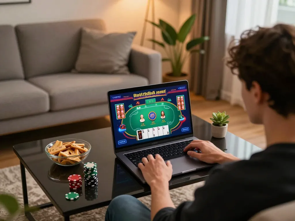 Engaging with online casino games while exploring trang chủ rr88 in a cozy home setting.