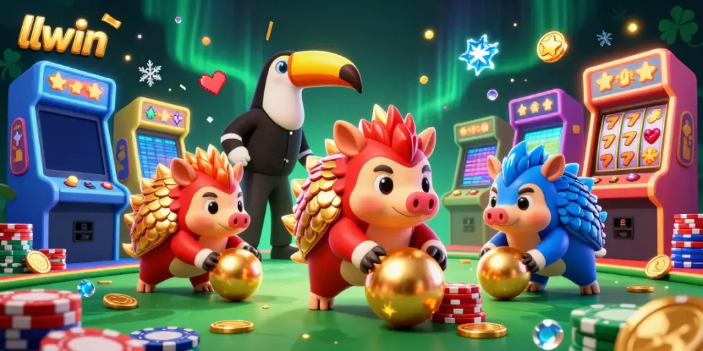 Experience thrilling gameplay with llwin's vibrant casino scene featuring animated pangolins and glowing arcade machines.