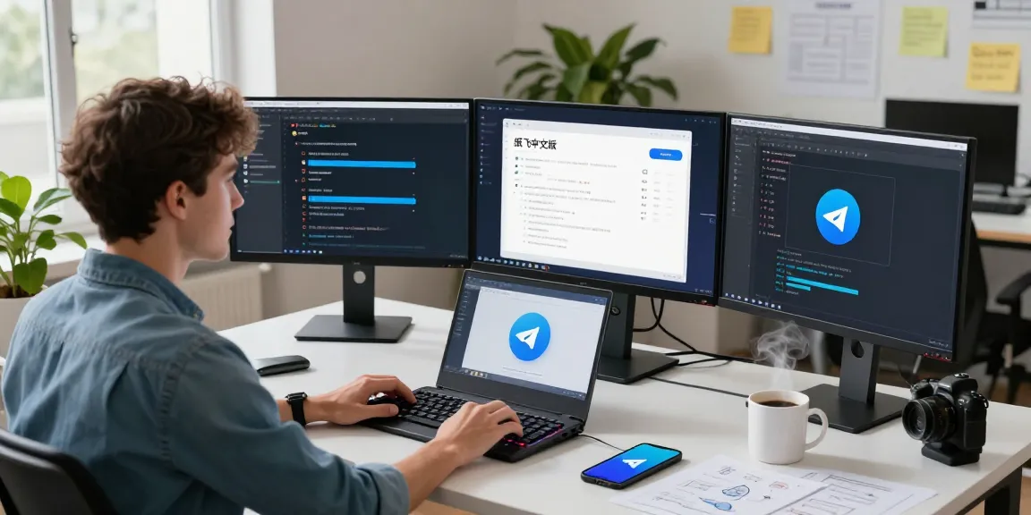 Dynamic workspace showcasing software development with 纸飞机中文版 interface on multi-monitors, developer in action surrounded by tech.