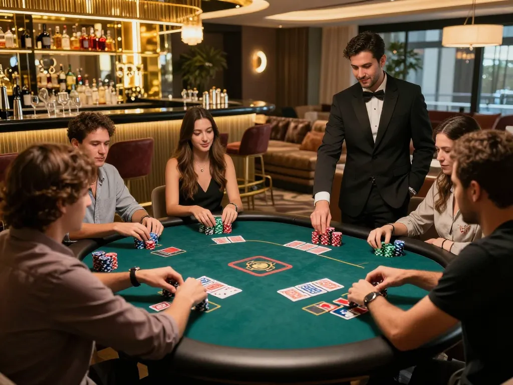 Exciting group playing poker at casino hubet88 lounge with vibrant atmosphere