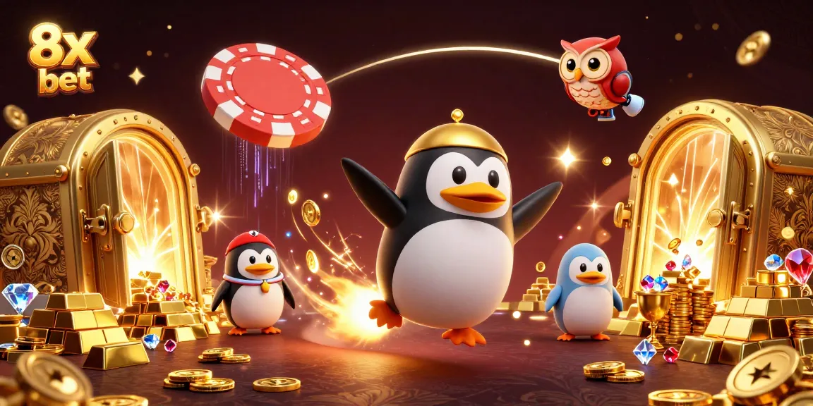 Experience thrilling wins with 8x bet in a stunning casino adventure featuring a golden penguin.