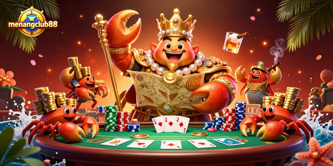 Experience the thrill of menangclub88 with a vibrant 3D scene featuring golden crab and poker elements.