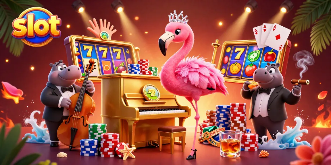 Spin the slot reels in this vibrant casino scene featuring playful characters and poker elements.