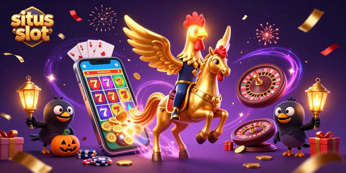Situs slot graphic showcasing a golden rooster in a casino surrounded by vibrant slot elements.