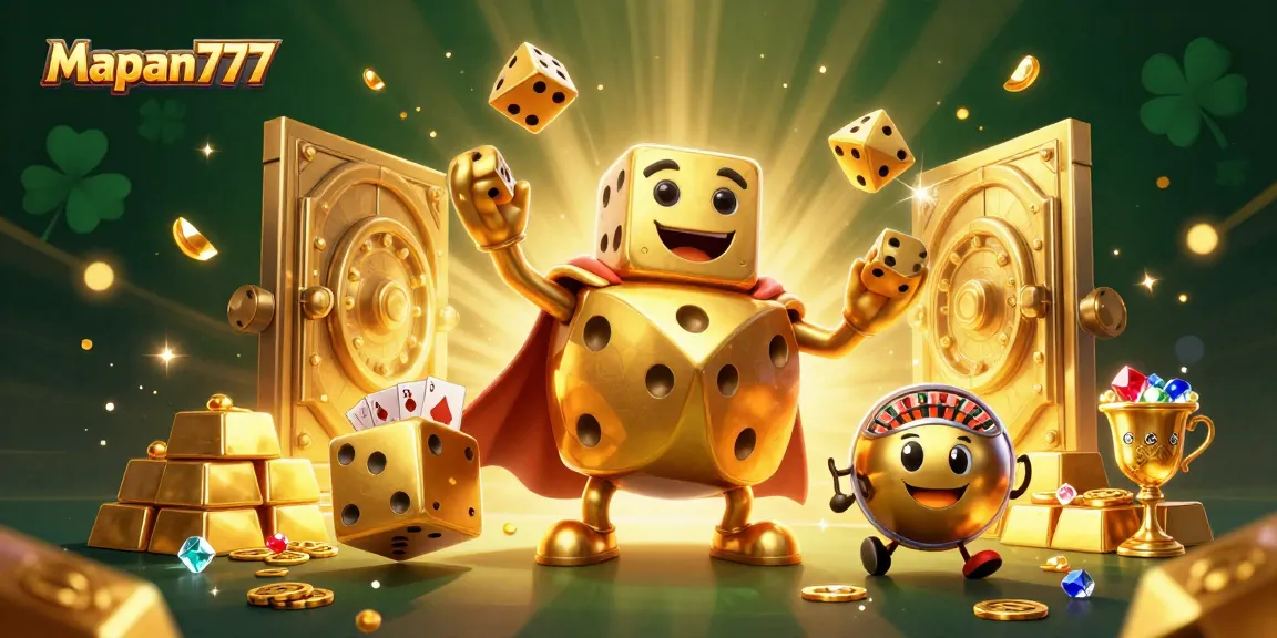 Engage with Mapan777’s vibrant casino scene featuring a golden dice golem juggling riches.