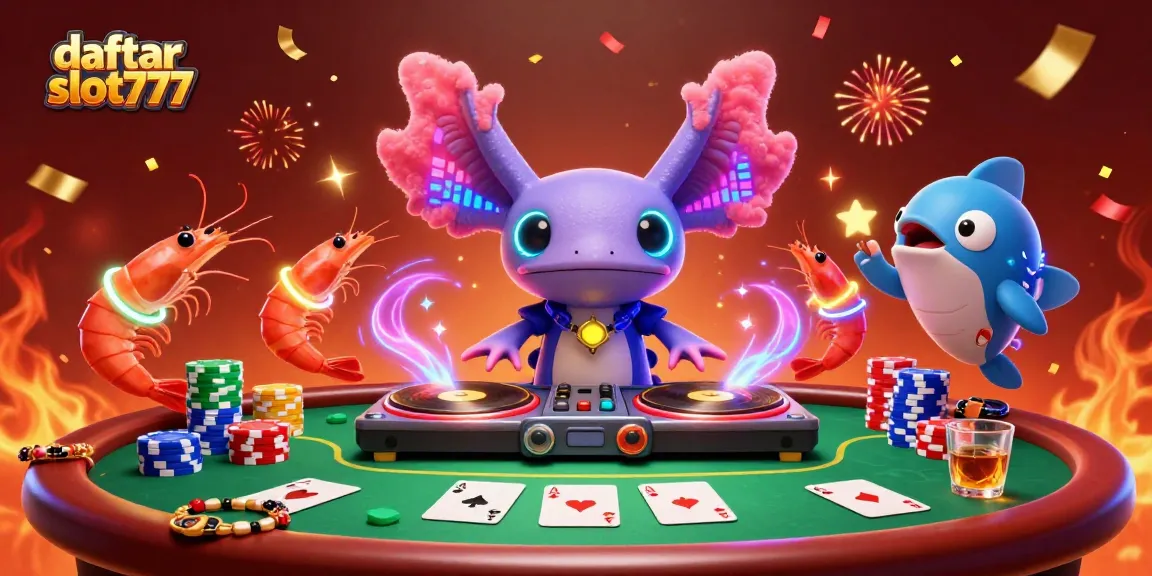 Experience daftar slot777 action with a neon axolotl DJ, poker elements, and a vibrant casino atmosphere.