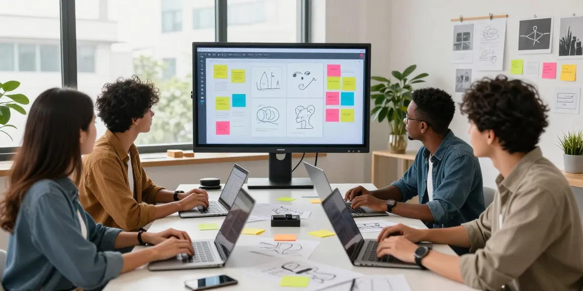 Team brainstorming ideas on a mixboard in a bright, modern workspace.