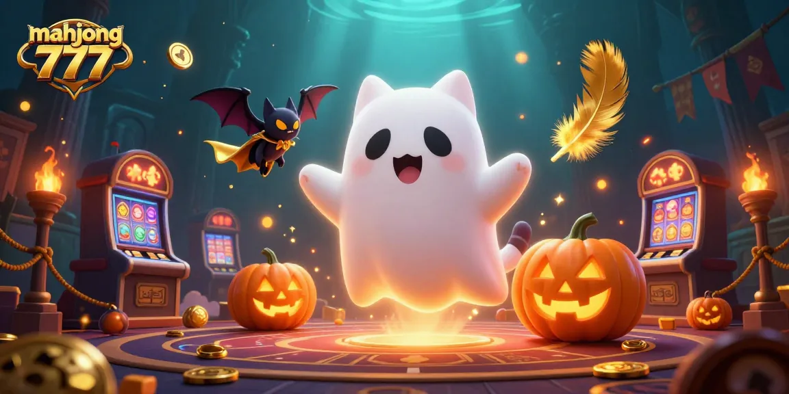 Engage in thrilling mahjong 777 action with a ghost cat in a haunted casino scene full of slot machines.
