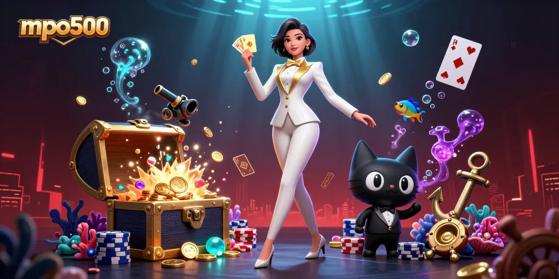 Experience the excitement of mpo500 with a glamorous woman and a cartoon cat in a dynamic casino scene.