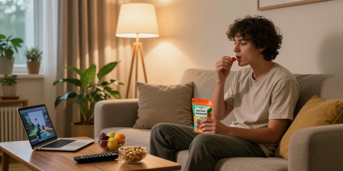 Enjoying uk edibles in a cozy living room setting with ambient lighting and snacks.