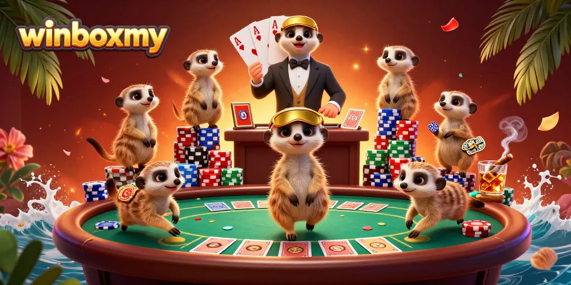 WinboxMY meerkats orchestrating a vibrant casino scene with poker tables, chips, and lively energy.