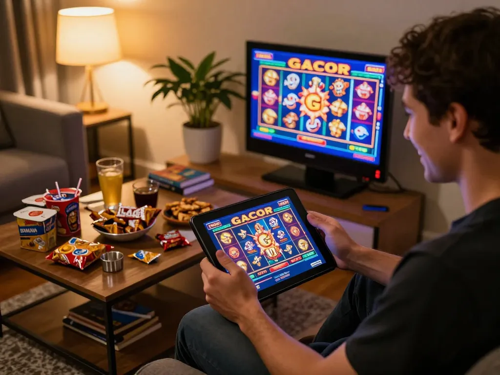 Engaged player enjoying a slot gacor game on a tablet in a cozy home setting.
