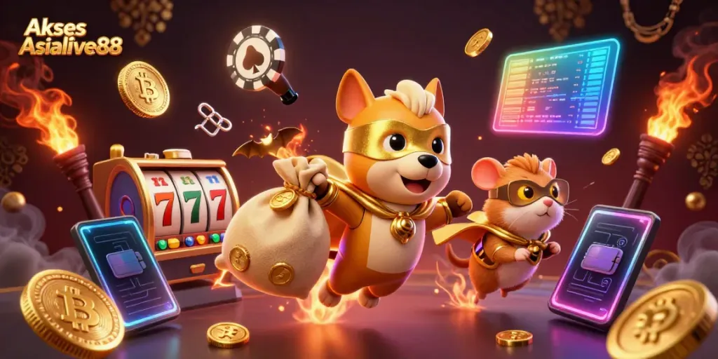 Experience Akses Asialive88 with a superhero dog and hamster, surrounded by exciting casino elements.