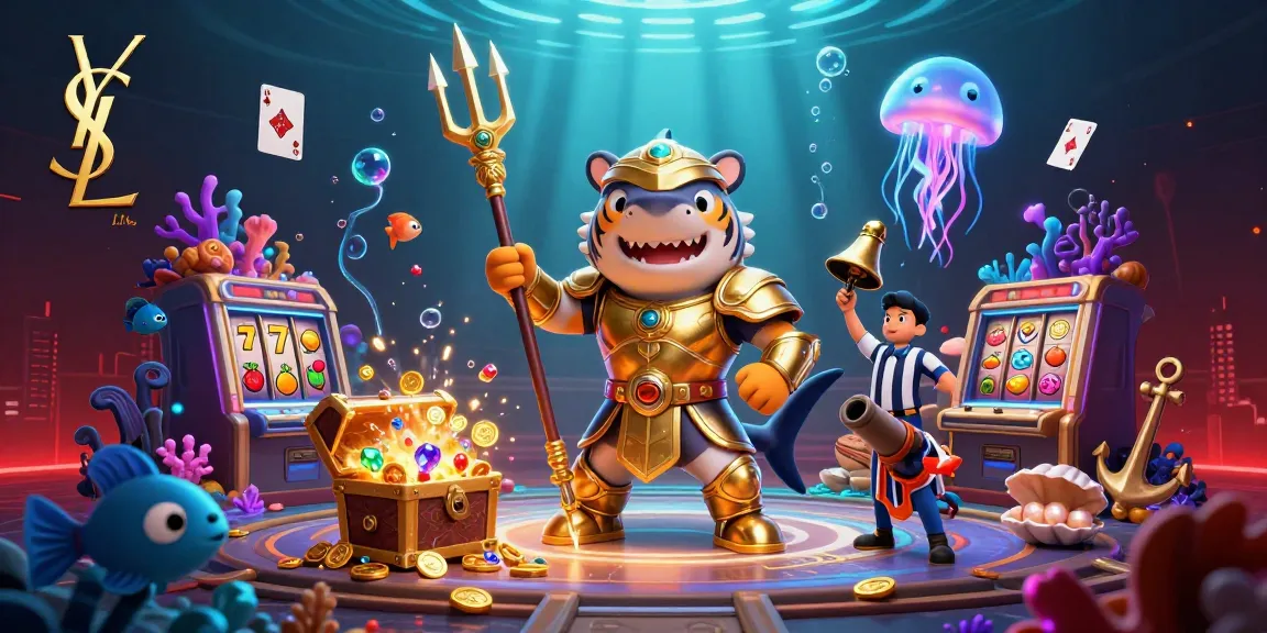 Experience ysl thrills with a dynamic casino scene featuring a mighty tiger shark wielding a trident.