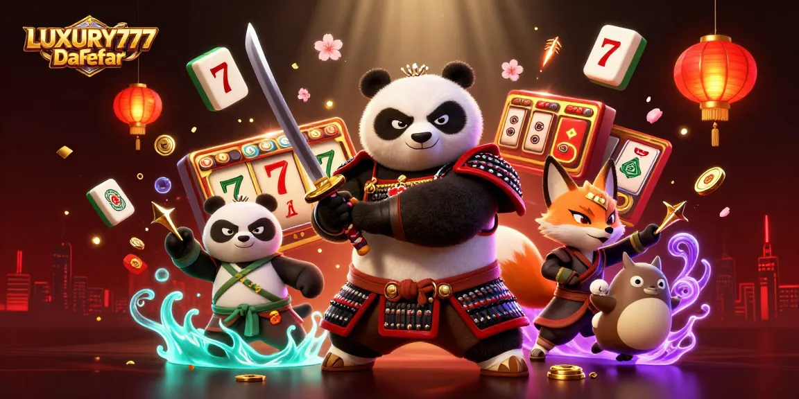 Permainan LUXURY777 Daftar dengan karakter samurai panda dan ninja fox yang menarik, dikelilingi elemen kasual.