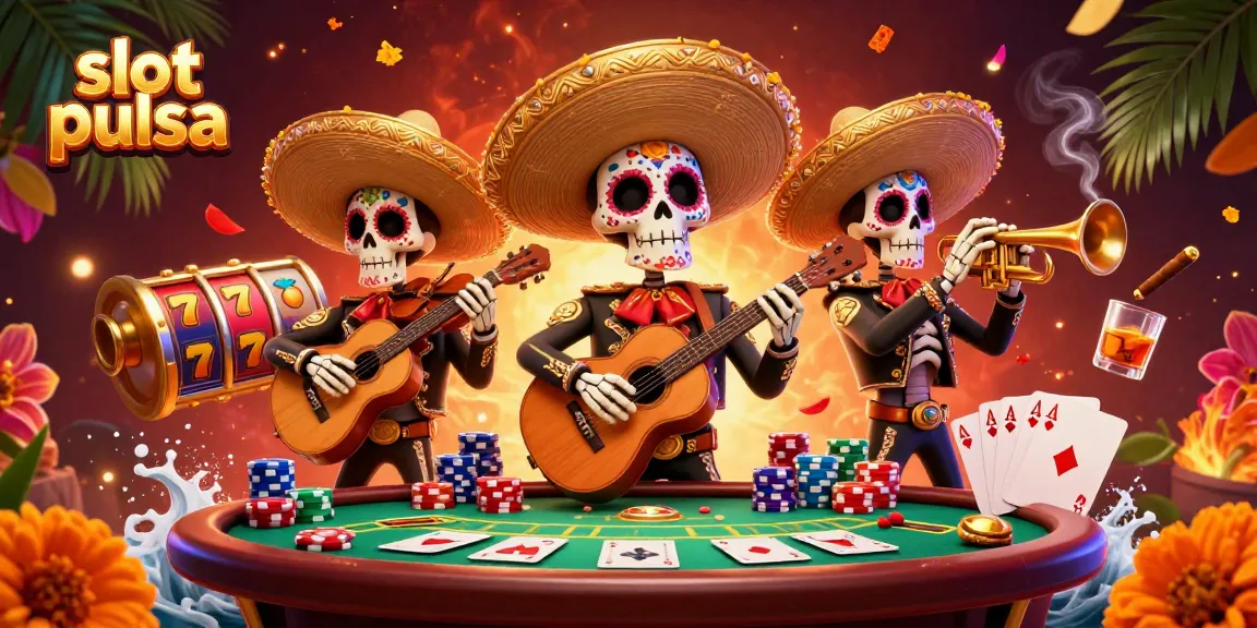 Slot pulsa menghadirkan ilustrasi ceria dengan band mariachi, simbol permainan, dan suasana kasino yang hidup.