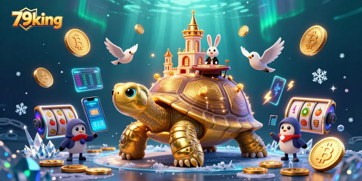 Engage with 79king's vibrant casino experience featuring a golden tortoise and crypto elements.