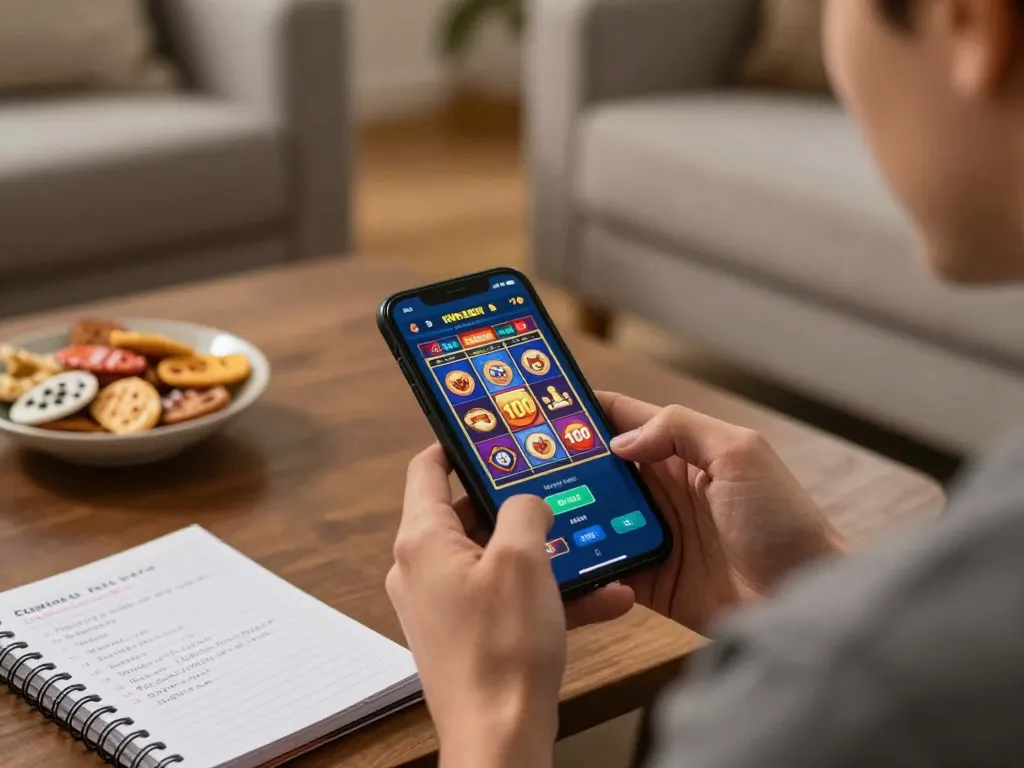 Experience slot bonus 100 excitement while engaging with a vibrant online slot game on a smartphone in a cozy living room
