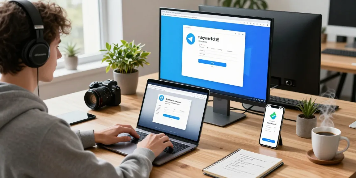 Experience seamless communication with telegram中文版下载 on various devices in a modern tech workspace.