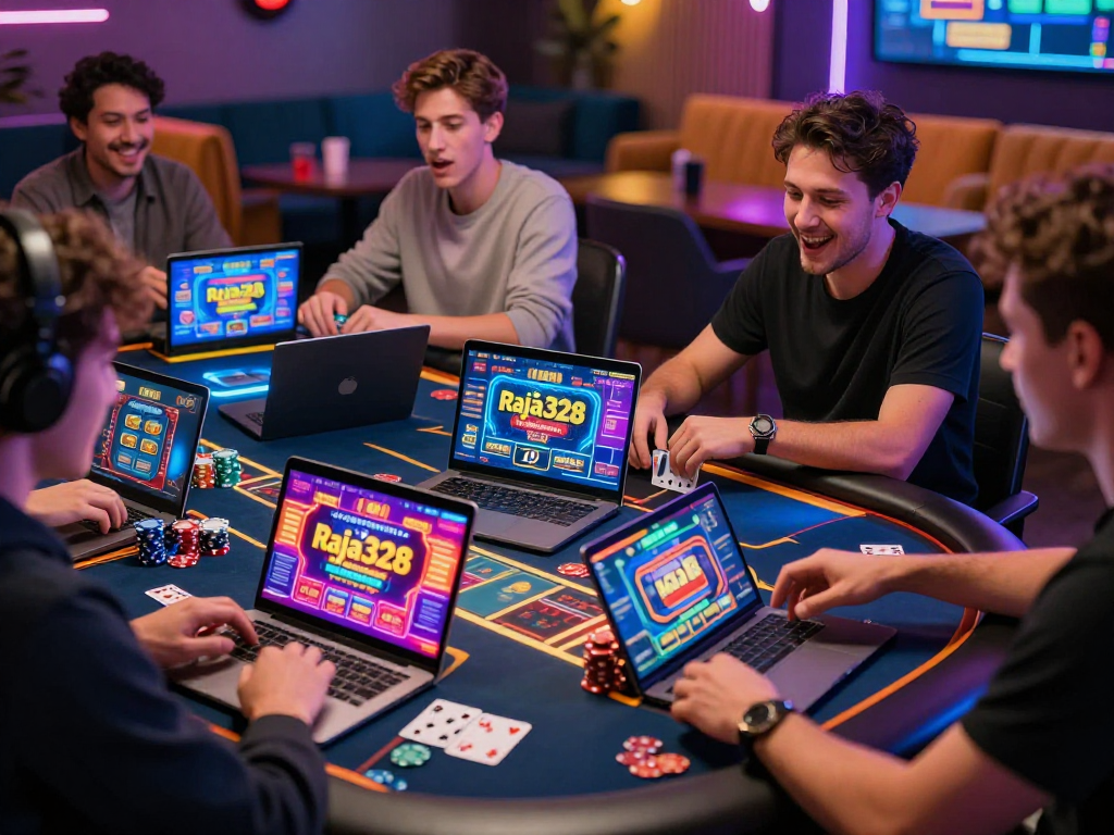 Engaged players exploring the raja328 link in a vibrant online gaming environment with chips and colorful interfaces.