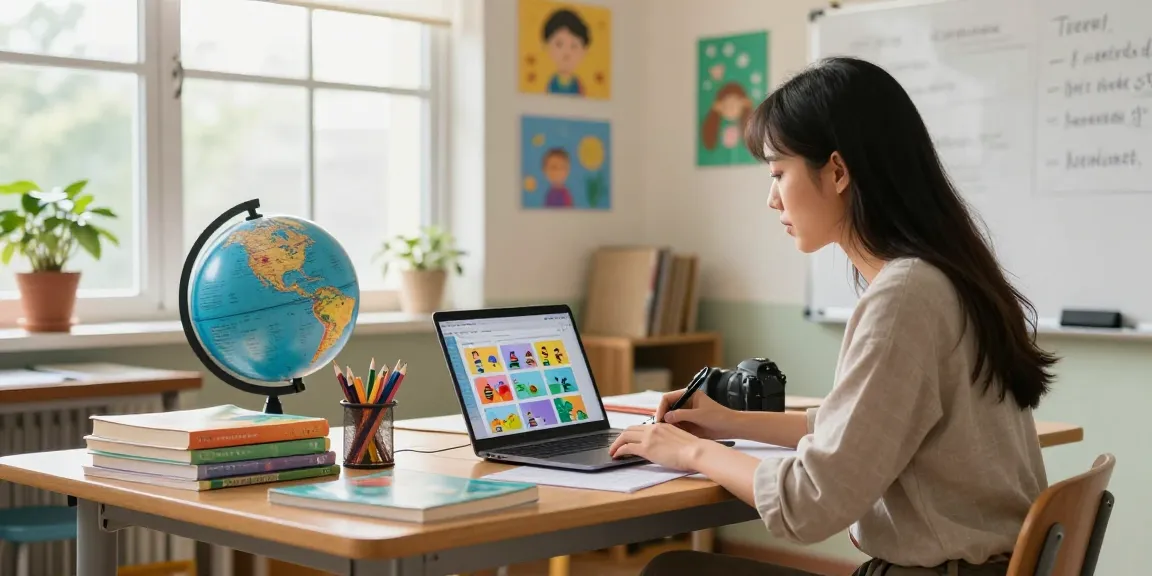 Teacher using an online teacher planner EMStudio for classroom management, creating lesson plans with supplies around a bright classroom.